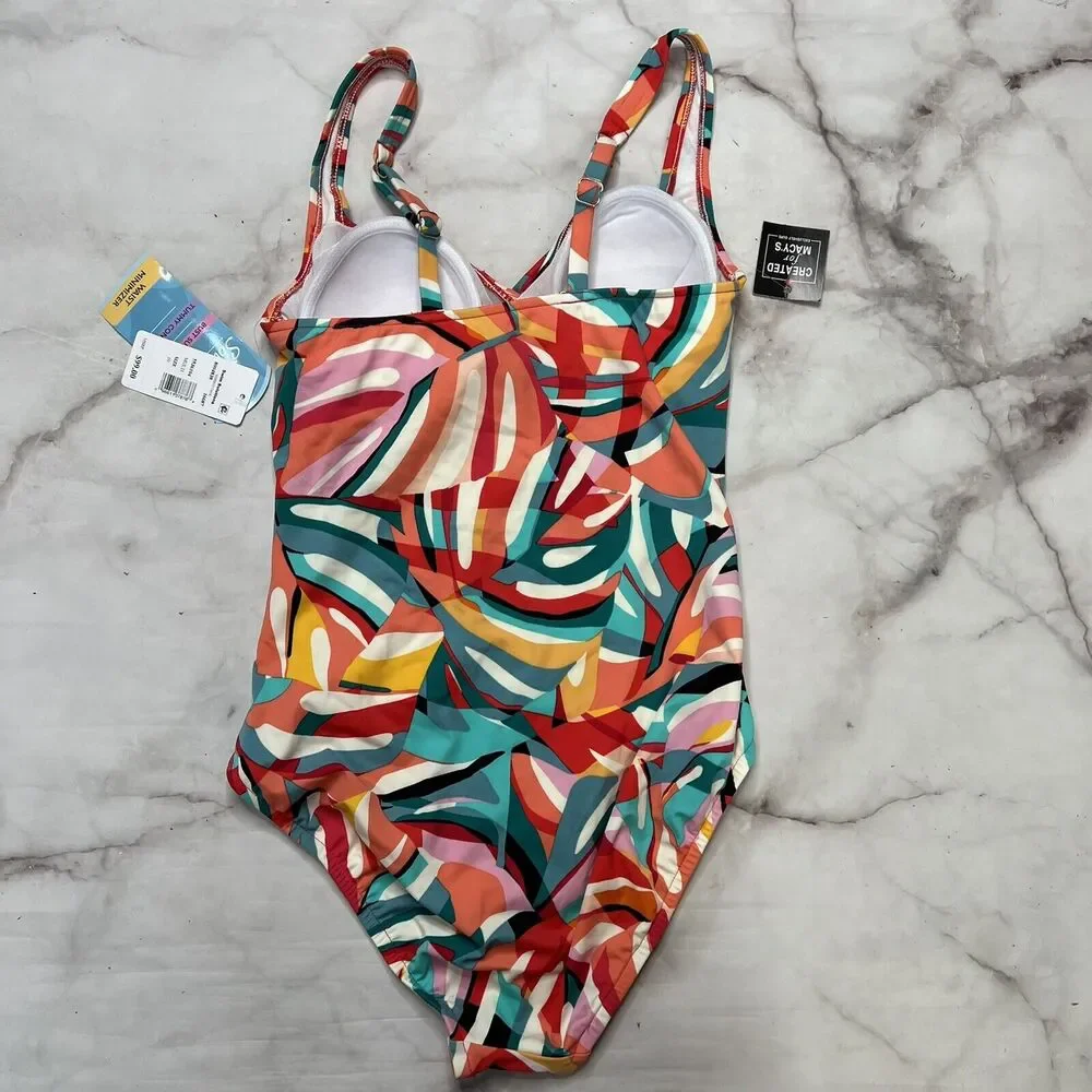 Swim Solutions PALM ART Shirred Tummy-Control One-Piece Swimsuit Size 10 Pink - Picture 5 of 6
